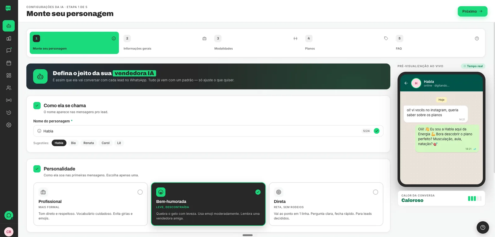 Tela de configuração do agente de IA da HablaFit, com prévia ao vivo