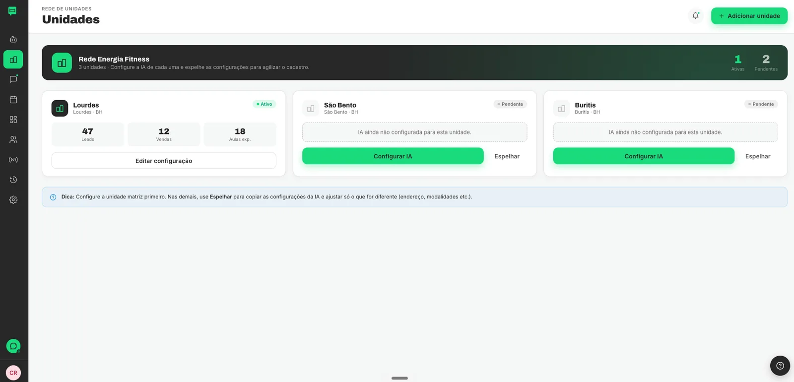 Tela de gestão de unidades da HablaFit para redes e franquias