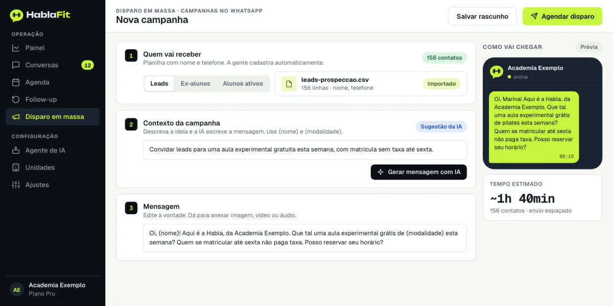 Tela de disparo em massa da HablaFit com mensagem de campanha escrita pela IA